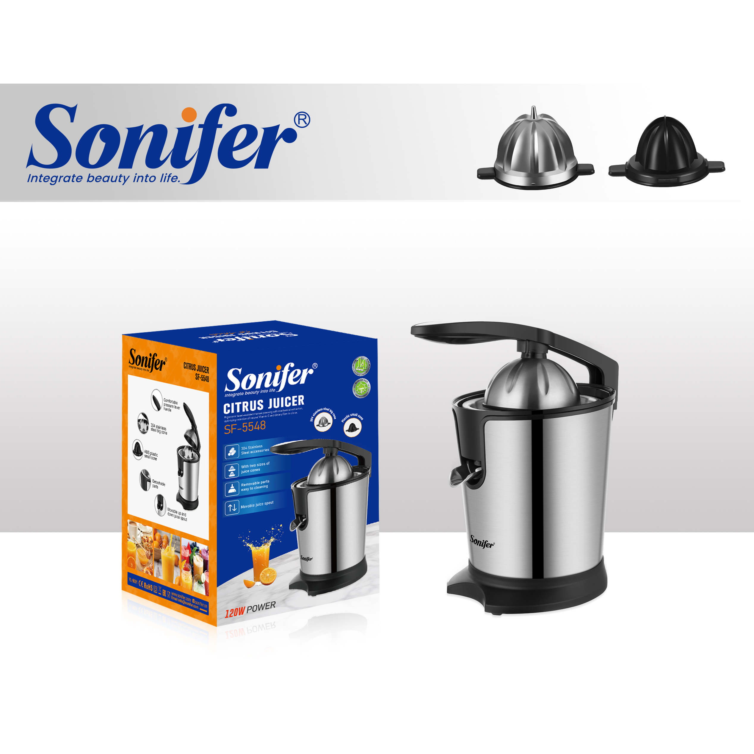 Sonifer SF-5548 Elektrikli Sitrus Şirəçəkən – 120W, Paslanmaz Polad Filtrlə
